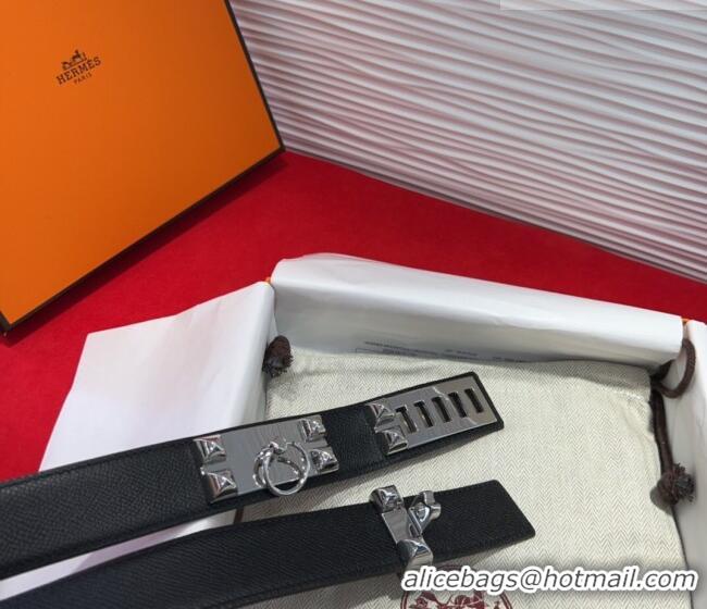 Best Quality Hermes Collier de Chien Belt 3.2cm with Medor Studs and Ring Buckle in Grained Calfskin H2018025 Black/Silv