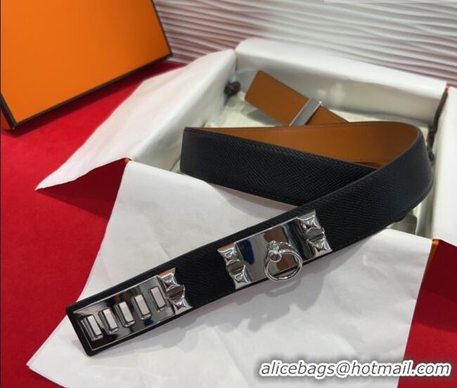Best Quality Hermes Collier de Chien Belt 3.2cm with Medor Studs and Ring Buckle in Grained Calfskin H2018025 Black/Silv