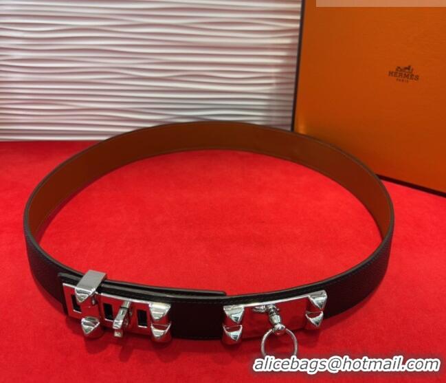 Best Quality Hermes Collier de Chien Belt 3.2cm with Medor Studs and Ring Buckle in Grained Calfskin H2018025 Black/Silv
