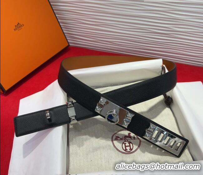 Best Quality Hermes Collier de Chien Belt 3.2cm with Medor Studs and Ring Buckle in Grained Calfskin H2018025 Black/Silv