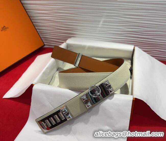 Best Quality Hermes Collier de Chien Belt 3.2cm with Medor Studs and Ring Buckle in Grained Calfskin H2018025 White/Silv