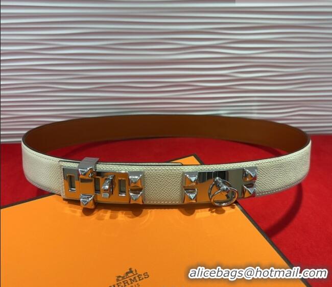 Best Quality Hermes Collier de Chien Belt 3.2cm with Medor Studs and Ring Buckle in Grained Calfskin H2018025 White/Silv