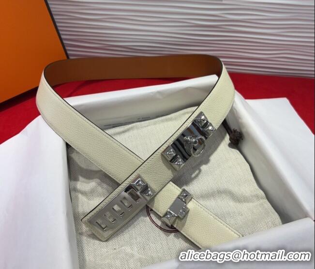 Best Quality Hermes Collier de Chien Belt 3.2cm with Medor Studs and Ring Buckle in Grained Calfskin H2018025 White/Silv