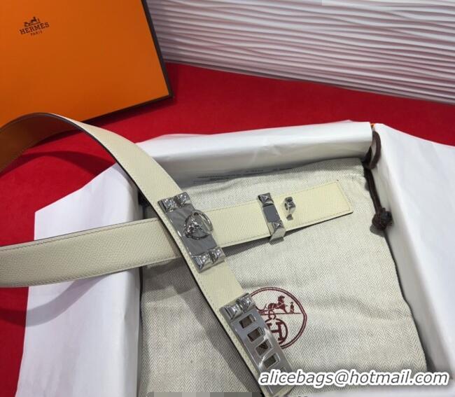 Best Quality Hermes Collier de Chien Belt 3.2cm with Medor Studs and Ring Buckle in Grained Calfskin H2018025 White/Silv