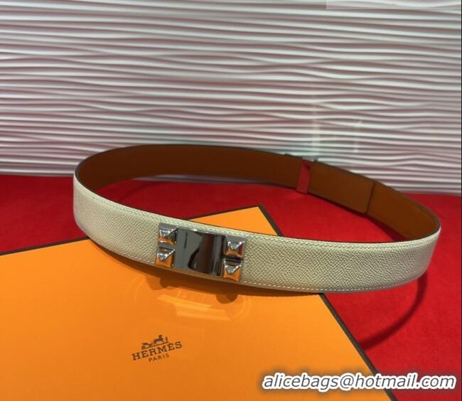 Best Quality Hermes Collier de Chien Belt 3.2cm with Medor Studs and Ring Buckle in Grained Calfskin H2018025 White/Silv
