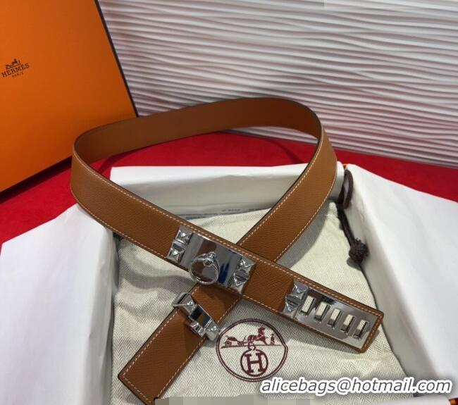 Well Crafted Hermes Collier de Chien Belt 3.2cm with Medor Studs and Ring Buckle in Grained Calfskin H2018025 Brown/Silv