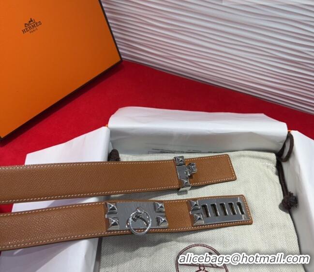 Well Crafted Hermes Collier de Chien Belt 3.2cm with Medor Studs and Ring Buckle in Grained Calfskin H2018025 Brown/Silv