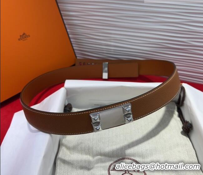 Well Crafted Hermes Collier de Chien Belt 3.2cm with Medor Studs and Ring Buckle in Grained Calfskin H2018025 Brown/Silv