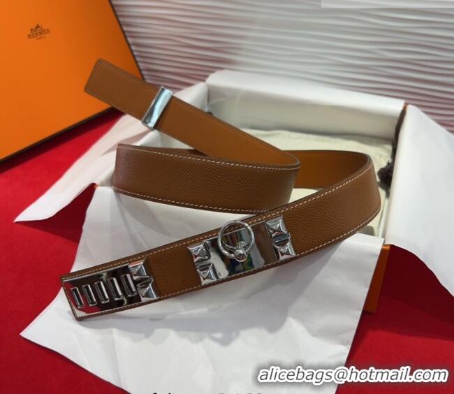 Well Crafted Hermes Collier de Chien Belt 3.2cm with Medor Studs and Ring Buckle in Grained Calfskin H2018025 Brown/Silv