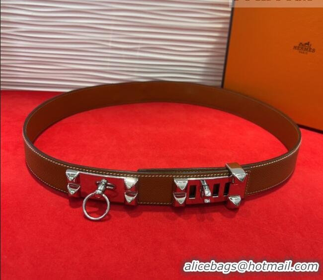 Well Crafted Hermes Collier de Chien Belt 3.2cm with Medor Studs and Ring Buckle in Grained Calfskin H2018025 Brown/Silv