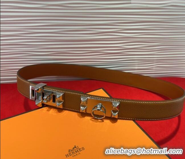 Well Crafted Hermes Collier de Chien Belt 3.2cm with Medor Studs and Ring Buckle in Grained Calfskin H2018025 Brown/Silv
