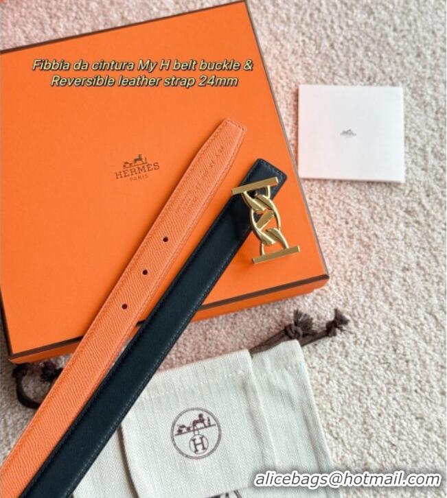 Promotional Hermes Fibbia da Cintura My H Belt Buckle & Reversible Leather Strap 2.4cm H5010 Orange/Black/Gold 2025