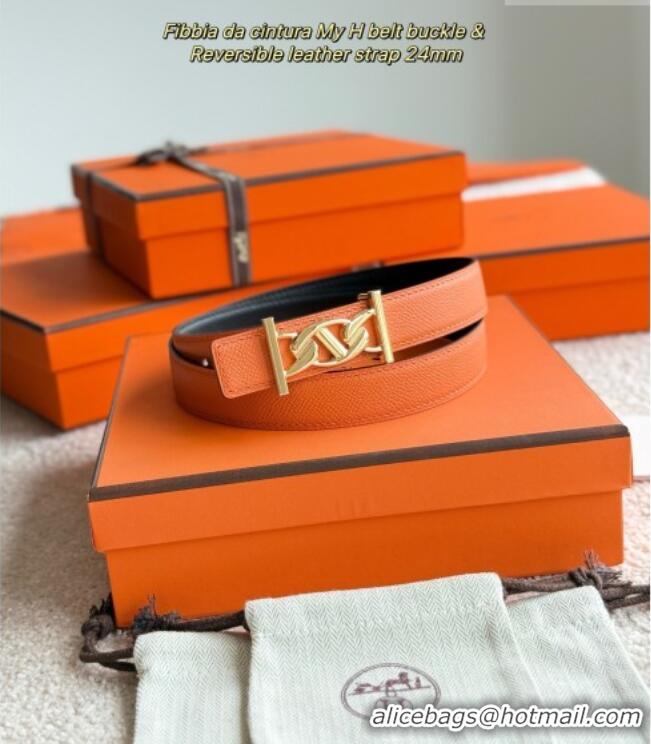 Promotional Hermes Fibbia da Cintura My H Belt Buckle & Reversible Leather Strap 2.4cm H5010 Orange/Black/Gold 2025