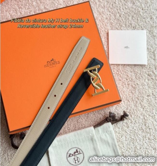 Top Quality Hermes Fibbia da Cintura My H Belt Buckle & Reversible Leather Strap 2.4cm H5010 Grey/Black/Gold 2025