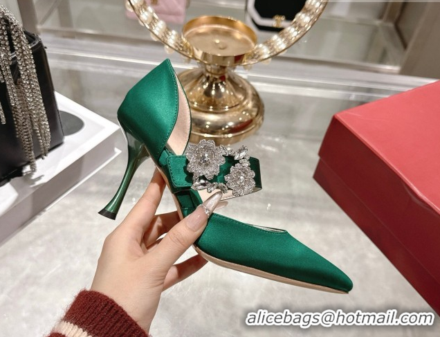 Best Price Roger Vivier Bouquet Strass Flower Pumps 8.5cm in Satin 0225034 Green 2026