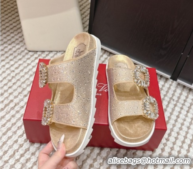 Good Quality Roger Vivier Slidy Viv' Strass Buckle Flat Slides Sandal 0225043 Gold 2026