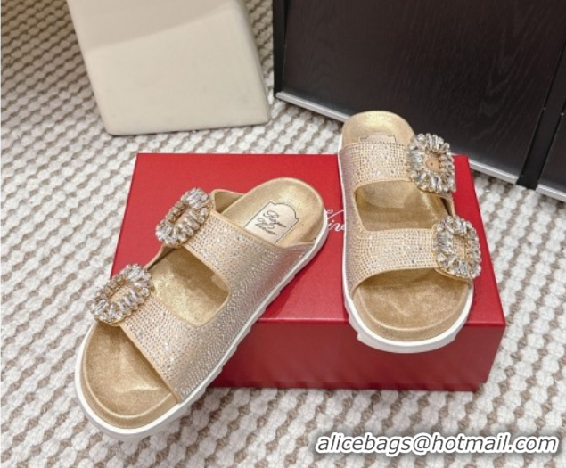 Good Quality Roger Vivier Slidy Viv' Strass Buckle Flat Slides Sandal 0225043 Gold 2026