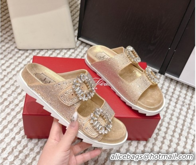 Good Quality Roger Vivier Slidy Viv' Strass Buckle Flat Slides Sandal 0225043 Gold 2026