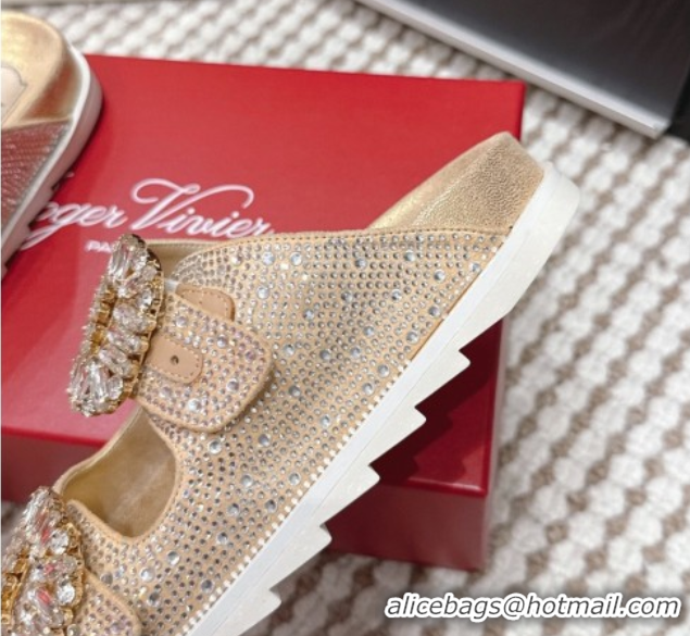Good Quality Roger Vivier Slidy Viv' Strass Buckle Flat Slides Sandal 0225043 Gold 2026