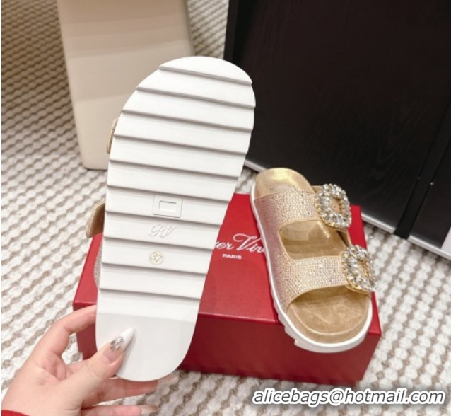 Good Quality Roger Vivier Slidy Viv' Strass Buckle Flat Slides Sandal 0225043 Gold 2026