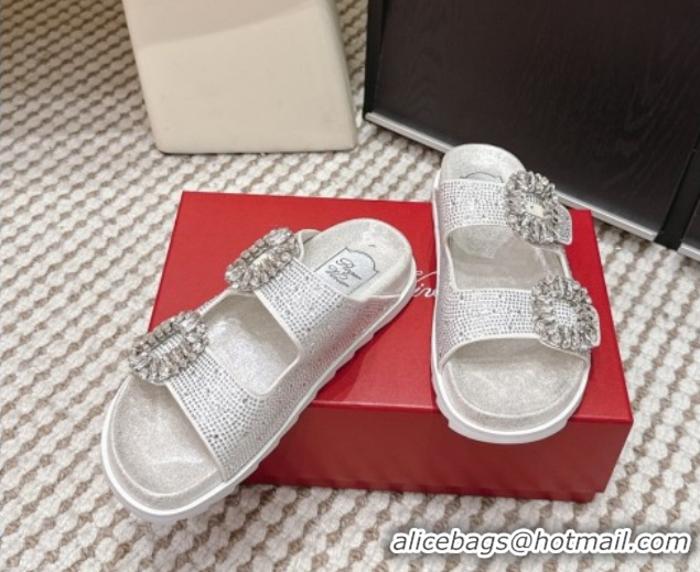 Unique Style Roger Vivier Slidy Viv' Strass Buckle Flat Slides Sandal 0225043 Silver 2026
