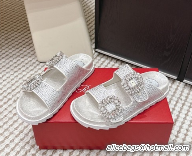 Unique Style Roger Vivier Slidy Viv' Strass Buckle Flat Slides Sandal 0225043 Silver 2026
