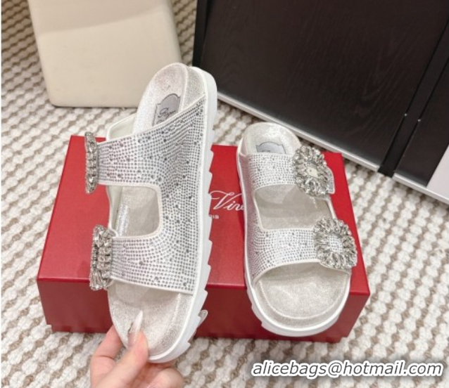 Unique Style Roger Vivier Slidy Viv' Strass Buckle Flat Slides Sandal 0225043 Silver 2026