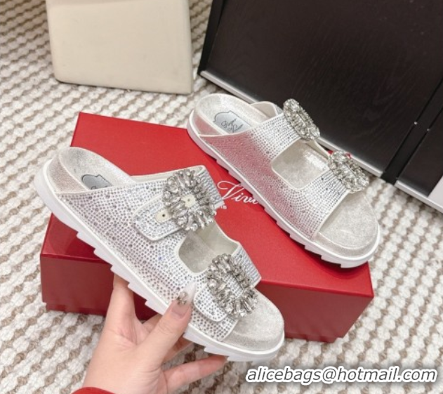 Unique Style Roger Vivier Slidy Viv' Strass Buckle Flat Slides Sandal 0225043 Silver 2026