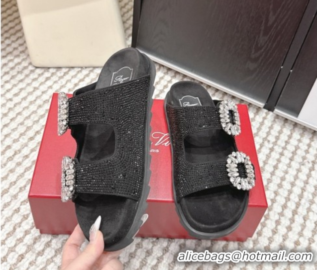 Good Looking Roger Vivier Slidy Viv' Strass Buckle Flat Slides Sandal 0225043 Black 2026