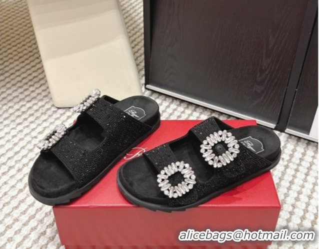 Good Looking Roger Vivier Slidy Viv' Strass Buckle Flat Slides Sandal 0225043 Black 2026