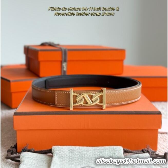 New Fashion Hermes Fibbia da Cintura My H Belt Buckle & Reversible Leather Strap 2.4cm H5010 Brown/Black/Gold 2025