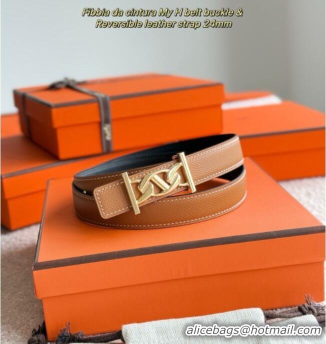 New Fashion Hermes Fibbia da Cintura My H Belt Buckle & Reversible Leather Strap 2.4cm H5010 Brown/Black/Gold 2025