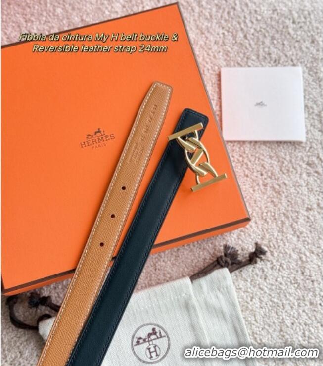 New Fashion Hermes Fibbia da Cintura My H Belt Buckle & Reversible Leather Strap 2.4cm H5010 Brown/Black/Gold 2025