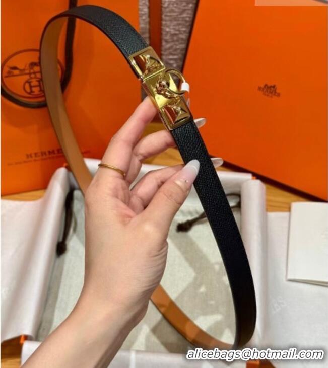 Famous Brand Hermes Women's Rivale Belt 1.8cm with Two Medor Studs and Ring Buckle H5022 Black/Gold 2025