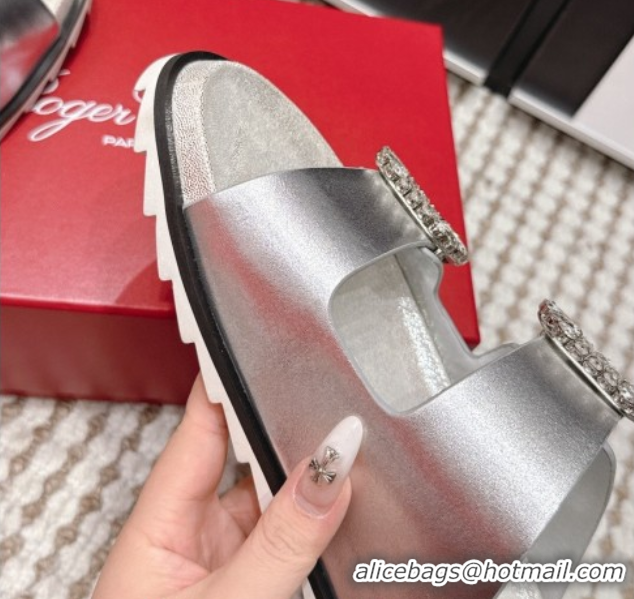 Purchase Roger Vivier Slidy Viv' Strass Buckle Flat Slides Sandal 0225043 Silver 2026