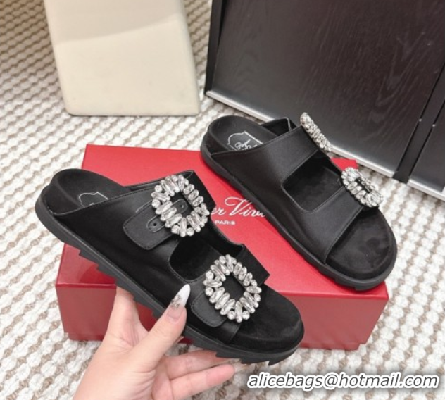 Best Product Roger Vivier Slidy Viv' Strass Buckle Flat Slides Sandal 0225043 Black 2026