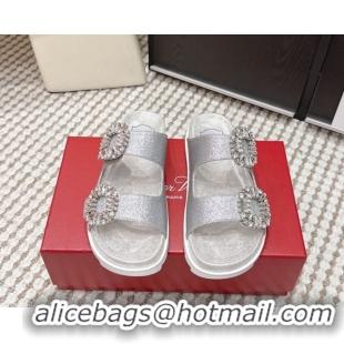 Pretty Style Roger Vivier Slidy Viv' Strass Buckle Flat Slides Sandal in Glitter 0225048 Silver 2026
