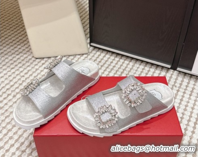 Pretty Style Roger Vivier Slidy Viv' Strass Buckle Flat Slides Sandal in Glitter 0225048 Silver 2026