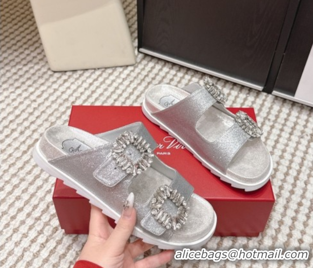 Pretty Style Roger Vivier Slidy Viv' Strass Buckle Flat Slides Sandal in Glitter 0225048 Silver 2026