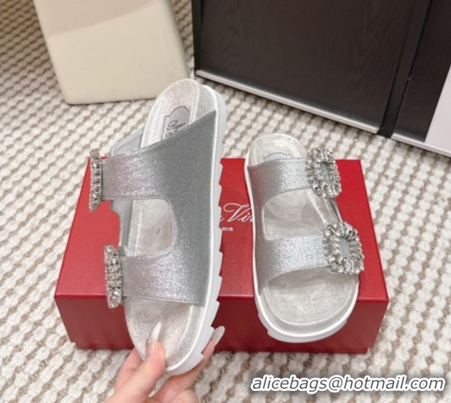 Pretty Style Roger Vivier Slidy Viv' Strass Buckle Flat Slides Sandal in Glitter 0225048 Silver 2026