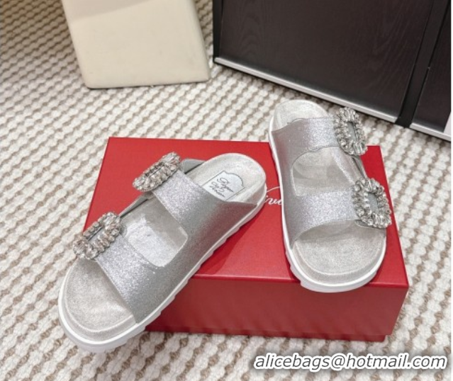 Pretty Style Roger Vivier Slidy Viv' Strass Buckle Flat Slides Sandal in Glitter 0225048 Silver 2026