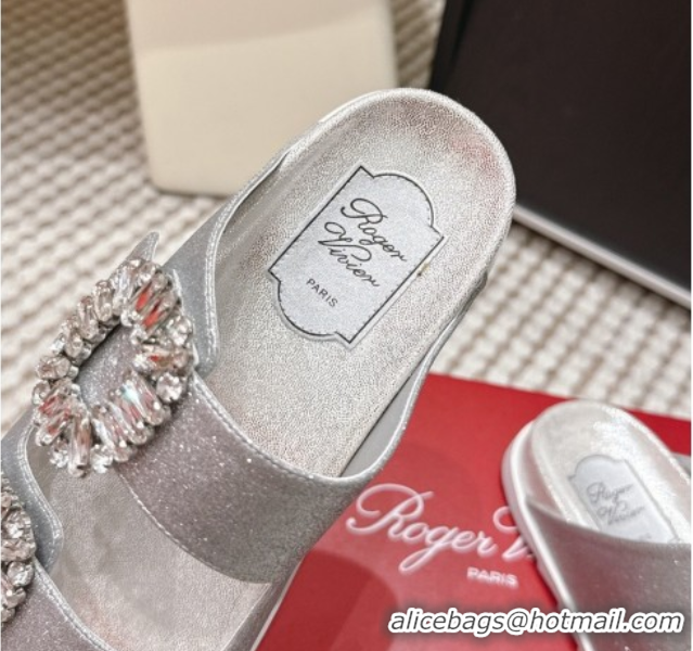 Pretty Style Roger Vivier Slidy Viv' Strass Buckle Flat Slides Sandal in Glitter 0225048 Silver 2026