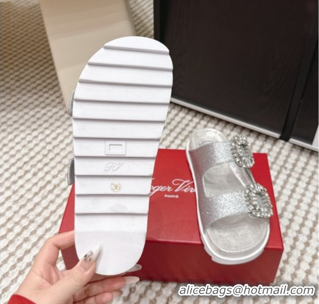 Pretty Style Roger Vivier Slidy Viv' Strass Buckle Flat Slides Sandal in Glitter 0225048 Silver 2026