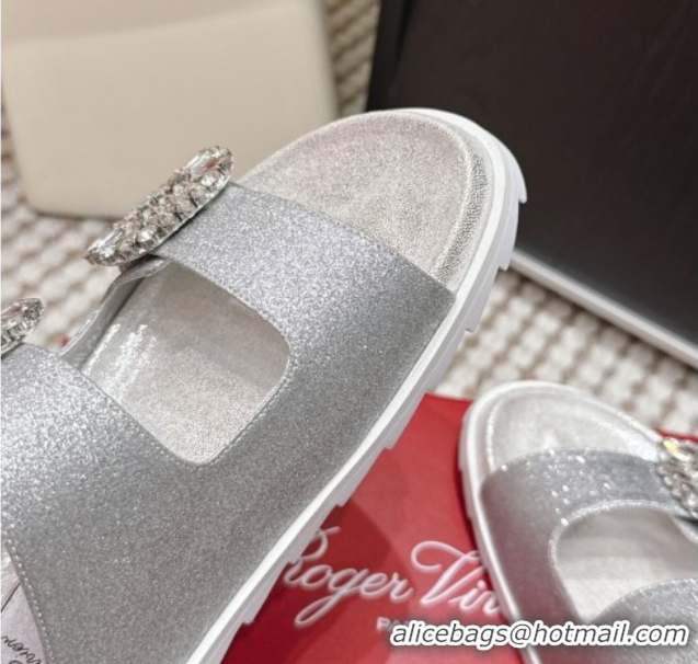 Pretty Style Roger Vivier Slidy Viv' Strass Buckle Flat Slides Sandal in Glitter 0225048 Silver 2026