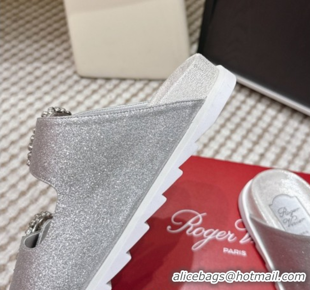 Pretty Style Roger Vivier Slidy Viv' Strass Buckle Flat Slides Sandal in Glitter 0225048 Silver 2026