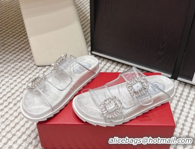 Stylish Roger Vivier Slidy Viv' Strass Buckle Flat Slides Sandal Clear 0225048 2026