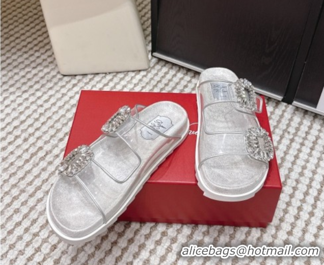 Stylish Roger Vivier Slidy Viv' Strass Buckle Flat Slides Sandal Clear 0225048 2026