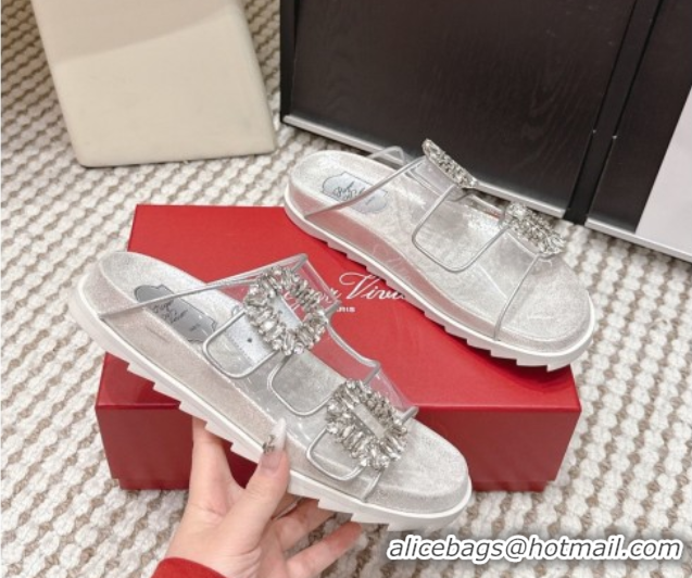 Stylish Roger Vivier Slidy Viv' Strass Buckle Flat Slides Sandal Clear 0225048 2026