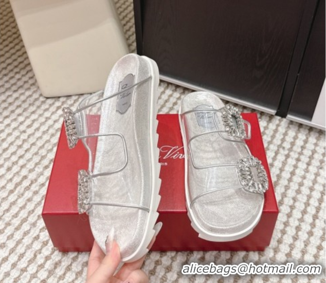 Stylish Roger Vivier Slidy Viv' Strass Buckle Flat Slides Sandal Clear 0225048 2026