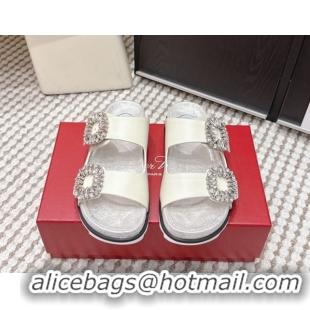 Grade Quality Roger Vivier Slidy Viv' Strass Buckle Flat Slides Sandal in Leather White 0225048 2026